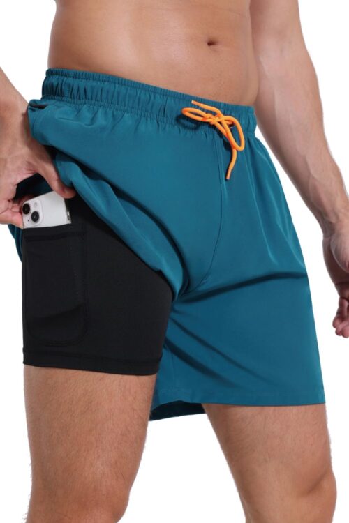 Mens Swim Trunks with Compression Liner Quick Dry Beach Shorts with Zipper Pockets