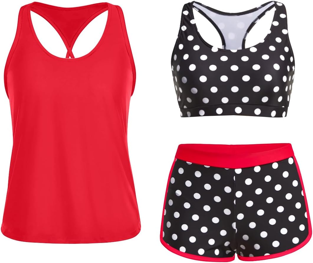 3 Piece Athletic Swimsuits for Women with Shorts Swim Tank Tops with Sports Bra and Boyshorts Bathing Suits