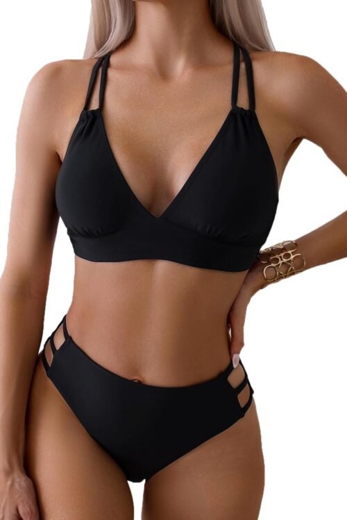 Women Sexy V Neck Bikini Sets Hollow Out Two Piece Swimsuits Cutout Mid Waist Bathing Suit