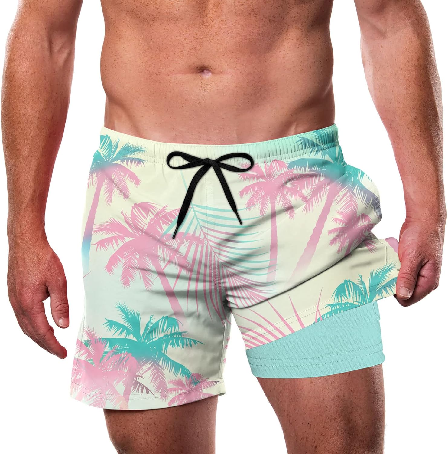 Mens Swim Trunks with Compression Liner 5.5" Inseam Quick Dry Bathing Suit Lightweight Swimming Shorts