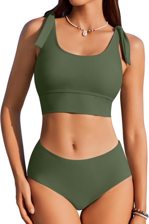 Women High Waisted Bikini Sets Scoop Neck Two Piece Swimsuits Sporty Bathing Suits Swimwear