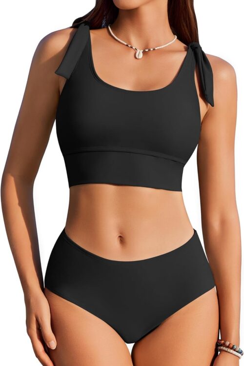 Women High Waisted Bikini Sets Scoop Neck Two Piece Swimsuits Sporty Bathing Suits Swimwear