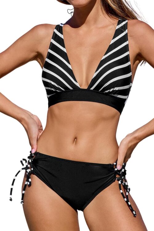 Bikini Set for Women Two Piece Swimsuit V Neck Triangle Top Wide Straps Cross Back Lace up Mid Rise